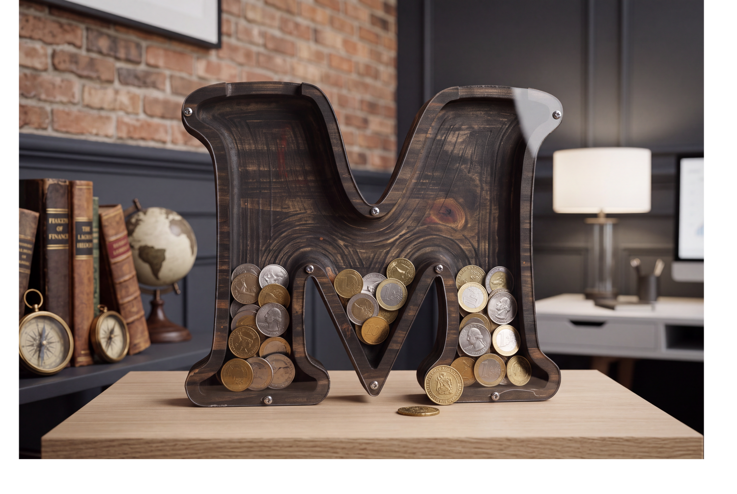 Personalized wood letter bank in the shape of &
