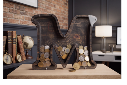 Personalized wood letter bank in the shape of &